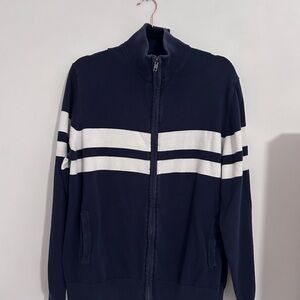 Amazon Essentials Navy Zip-Up Sweater with White Stripes